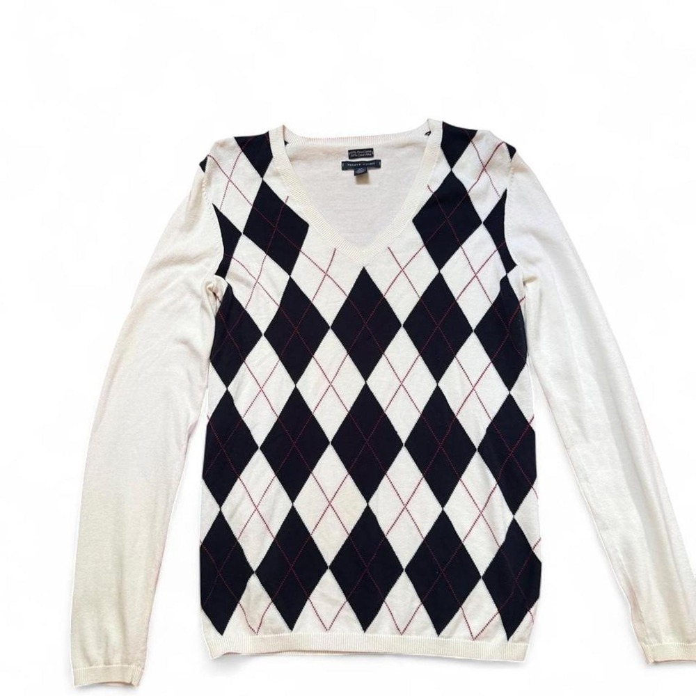 Tommy Hilfiger Preppy Style White Navy Blue Argyle Pima Cotton Pullover Sweater